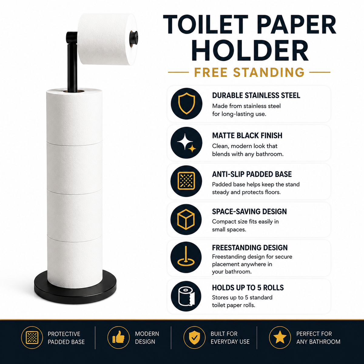 ZISH Toilet Roll Holder Free Standing - Black