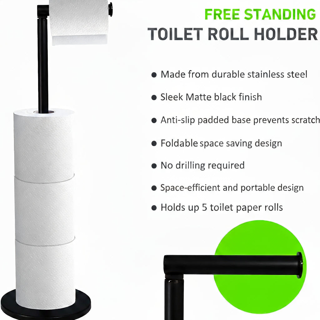 ZISH Toilet Roll Holder Free Standing - Stainless Steel Bathroom Toilet Paper Organizer and Dispenser – No Drill Toilet Roll Stand Freestanding - Up to 5 Toilet Roll Storage, Black