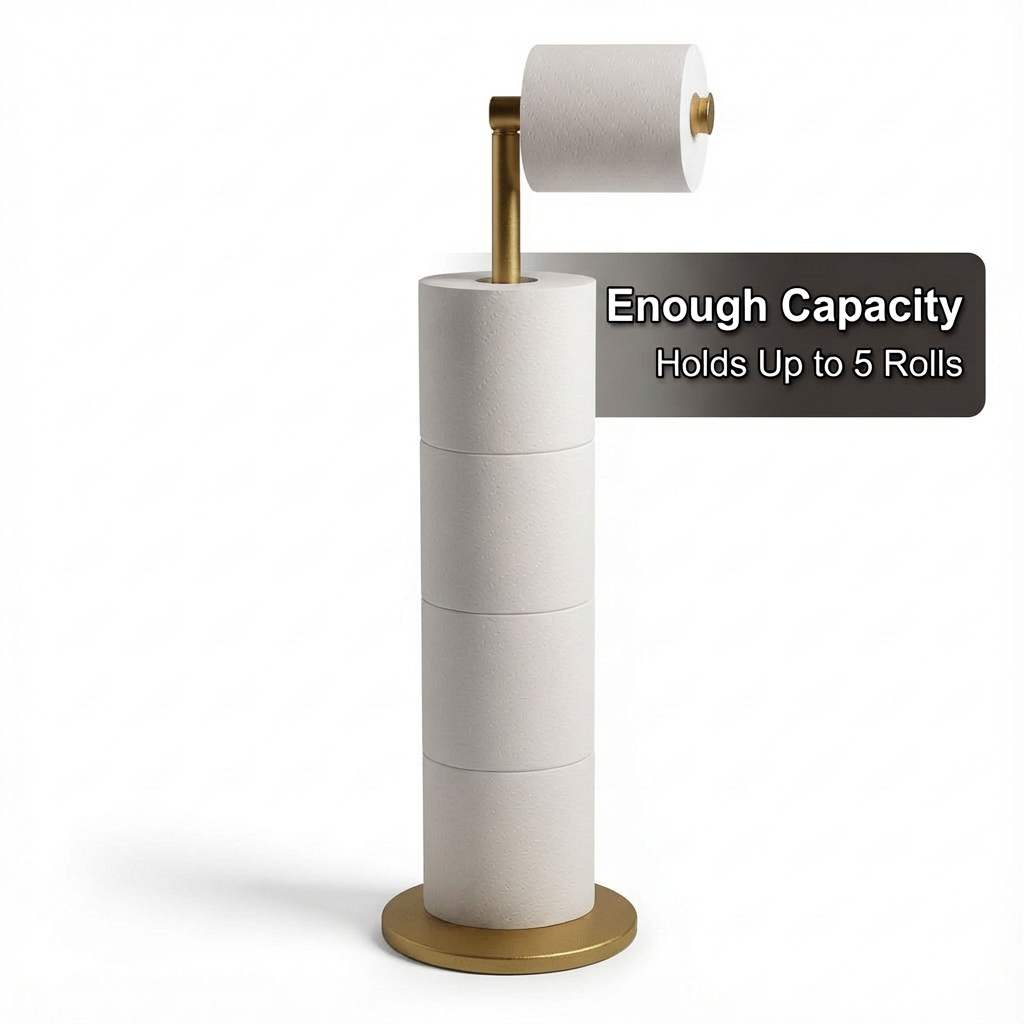 ZISH Toilet Roll Holder Free Standing - Stainless Steel Bathroom Toilet Paper Organizer and Dispenser – No Drill Toilet Roll Stand Freestanding - Up to 5 Toilet Roll Storage, Gold