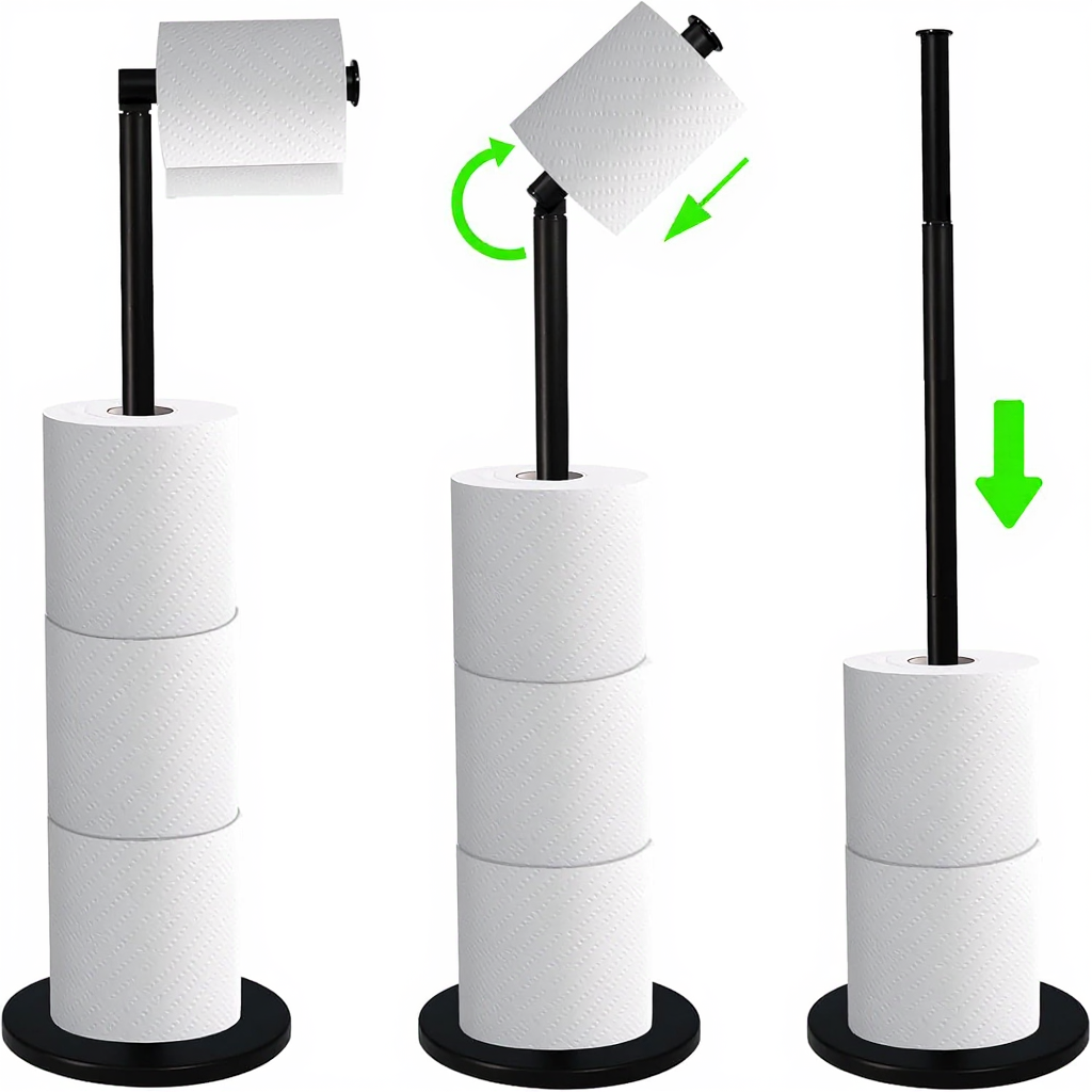 ZISH Toilet Roll Holder Free Standing - Stainless Steel Bathroom Toilet Paper Organizer and Dispenser – No Drill Toilet Roll Stand Freestanding - Up to 5 Toilet Roll Storage, Black