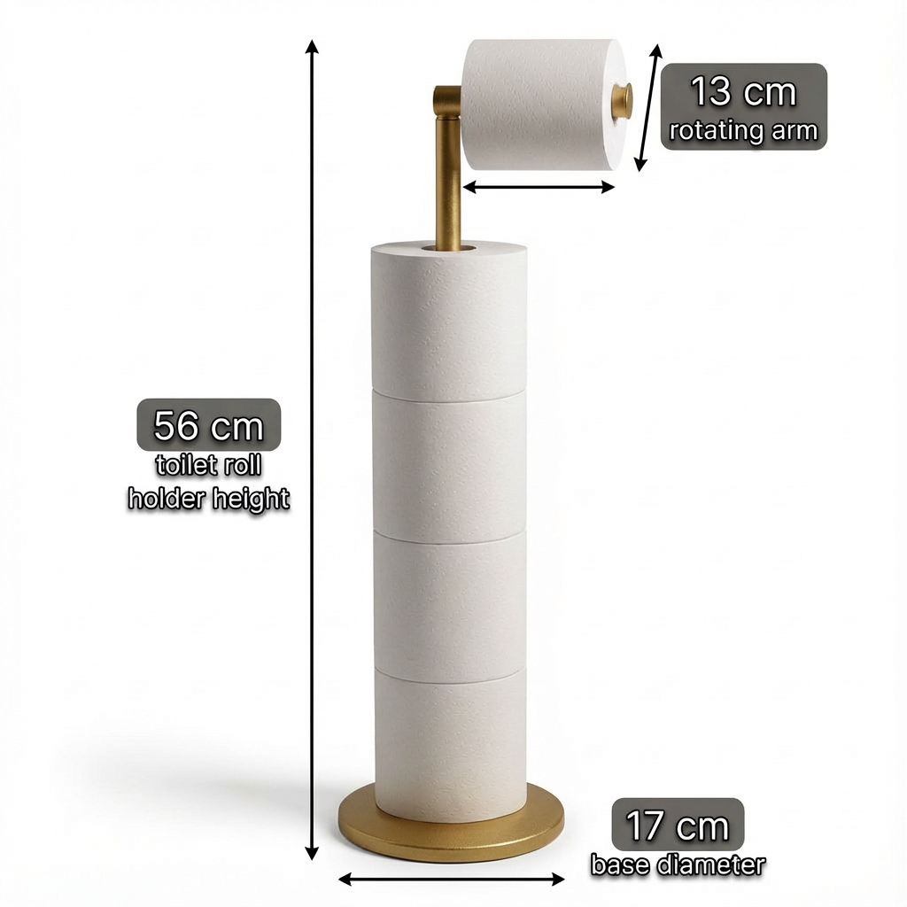 ZISH Toilet Roll Holder Free Standing - Stainless Steel Bathroom Toilet Paper Organizer and Dispenser – No Drill Toilet Roll Stand Freestanding - Up to 5 Toilet Roll Storage, Gold