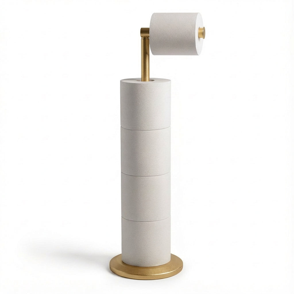 ZISH Toilet Roll Holder Free Standing - Stainless Steel Bathroom Toilet Paper Organizer and Dispenser – No Drill Toilet Roll Stand Freestanding - Up to 5 Toilet Roll Storage, Gold