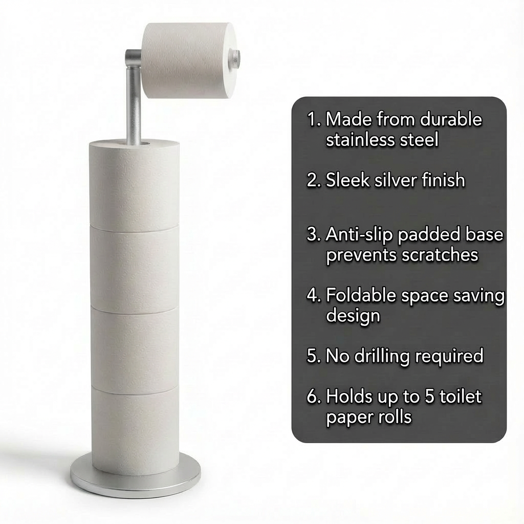 ZISH Toilet Roll Holder Free Standing - Stainless Steel Bathroom Toilet Paper Organizer and Dispenser – No Drill Toilet Roll Stand Freestanding - Up to 5 Toilet Roll Storage, Silver
