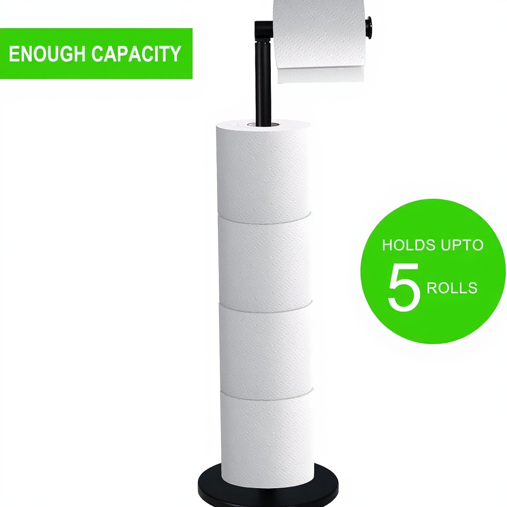 ZISH Toilet Roll Holder Free Standing - Stainless Steel Bathroom Toilet Paper Organizer and Dispenser – No Drill Toilet Roll Stand Freestanding - Up to 5 Toilet Roll Storage, Black