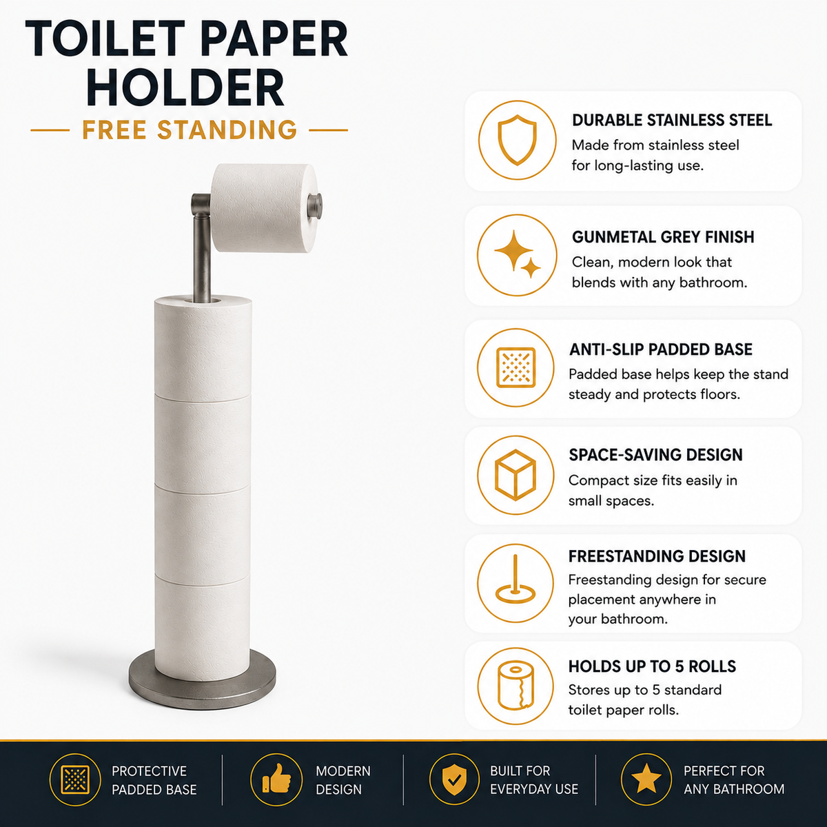 ZISH Toilet Roll Holder Free Standing - Gunmetal Grey