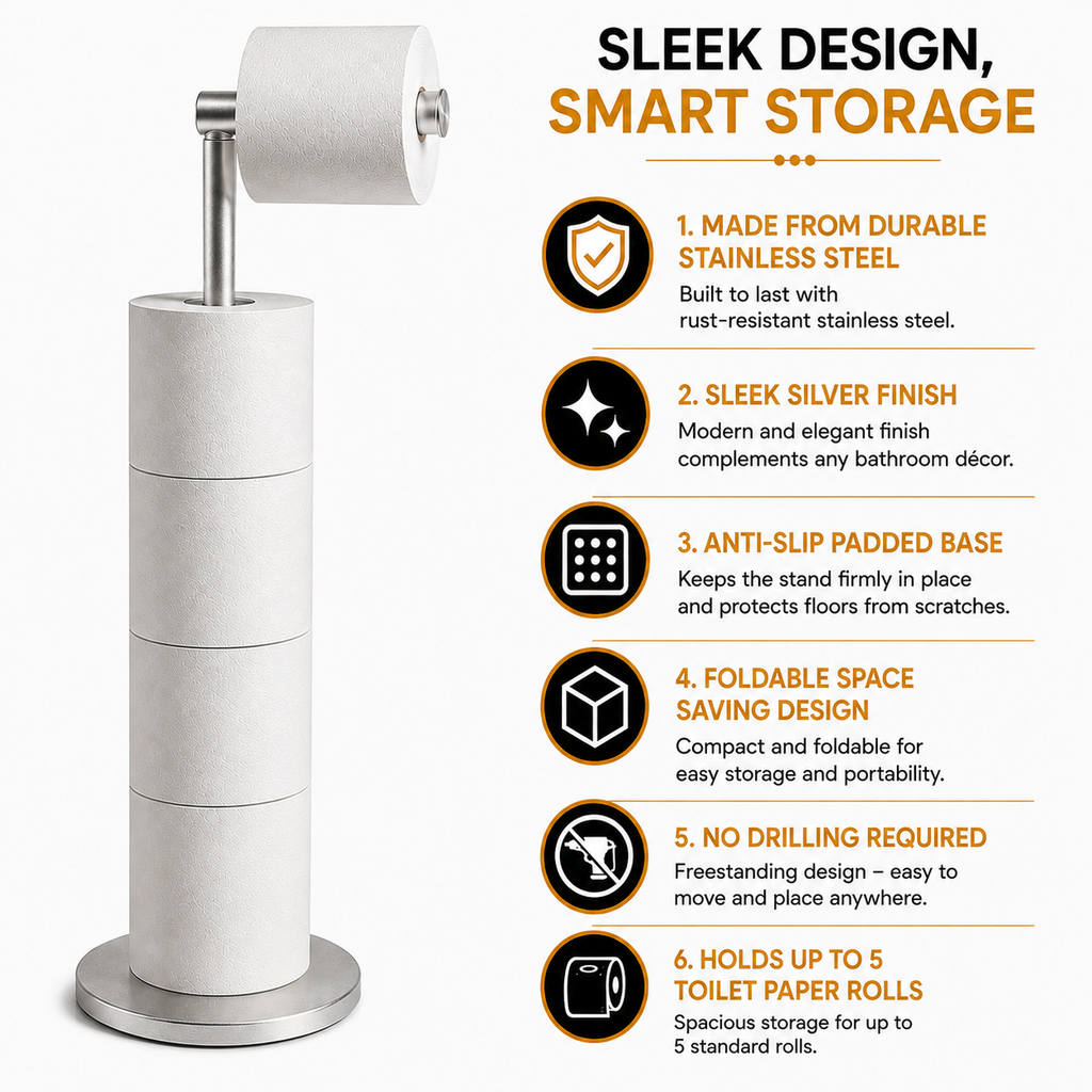 ZISH Toilet Roll Holder Free Standing - Silver