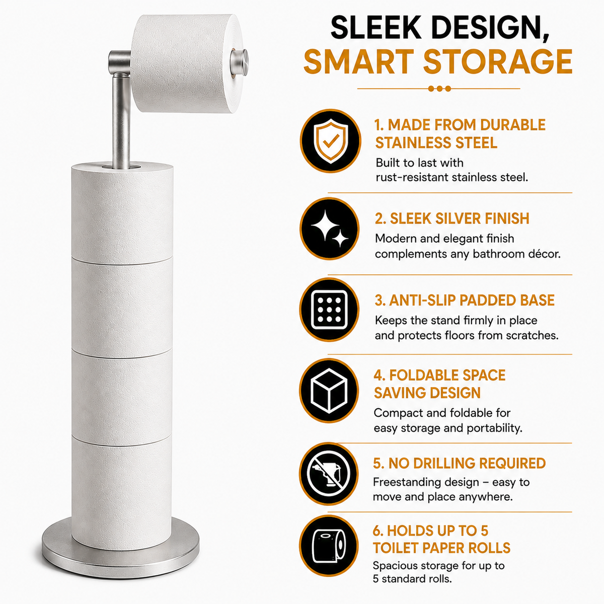 ZISH Toilet Roll Holder Free Standing - Silver