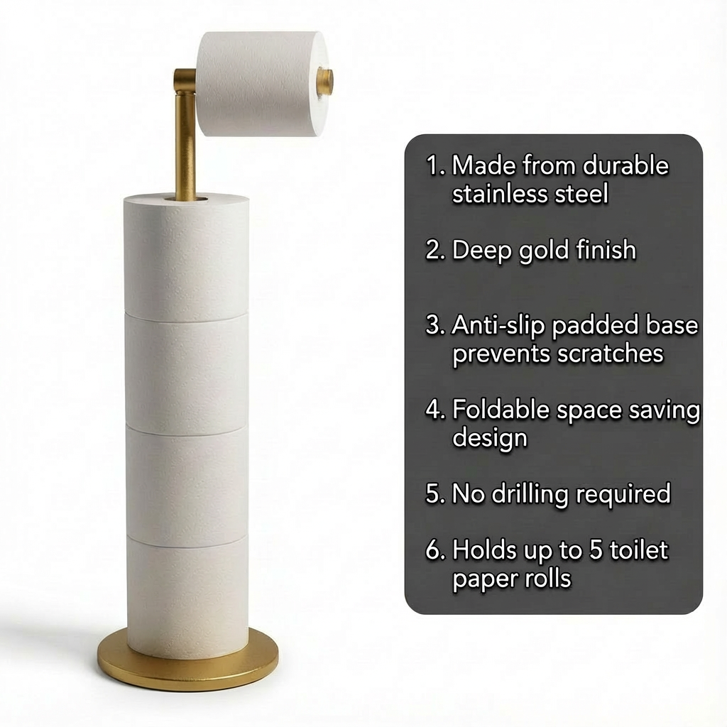 ZISH Toilet Roll Holder Free Standing - Stainless Steel Bathroom Toilet Paper Organizer and Dispenser – No Drill Toilet Roll Stand Freestanding - Up to 5 Toilet Roll Storage, Gold