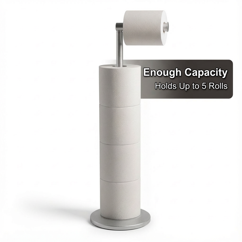 ZISH Toilet Roll Holder Free Standing - Stainless Steel Bathroom Toilet Paper Organizer and Dispenser – No Drill Toilet Roll Stand Freestanding - Up to 5 Toilet Roll Storage, Silver