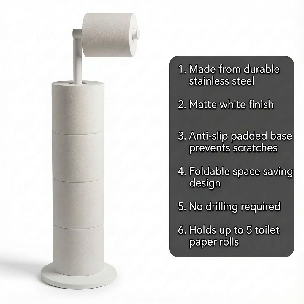 ZISH Toilet Roll Holder Free Standing - Stainless Steel Bathroom Toilet Paper Organizer and Dispenser – No Drill Toilet Roll Stand Freestanding - Up to 5 Toilet Roll Storage, White